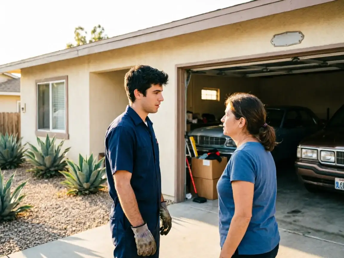 A technician in a blue uniform talks to a woman in front of a garage.