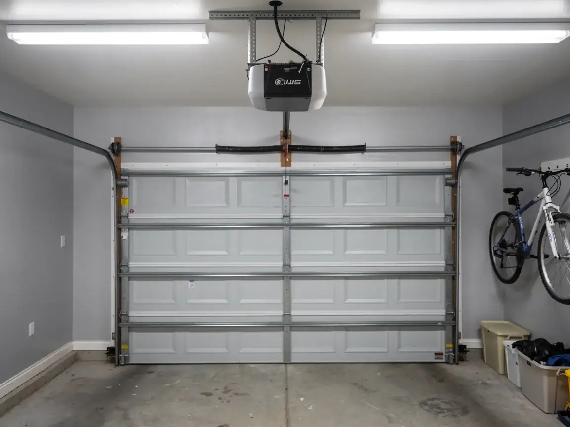 A white garage door is closed, with an opener and two bicycles visible.