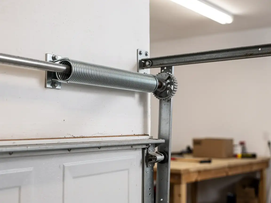 A torsion spring and a drum are mounted above a white garage door.