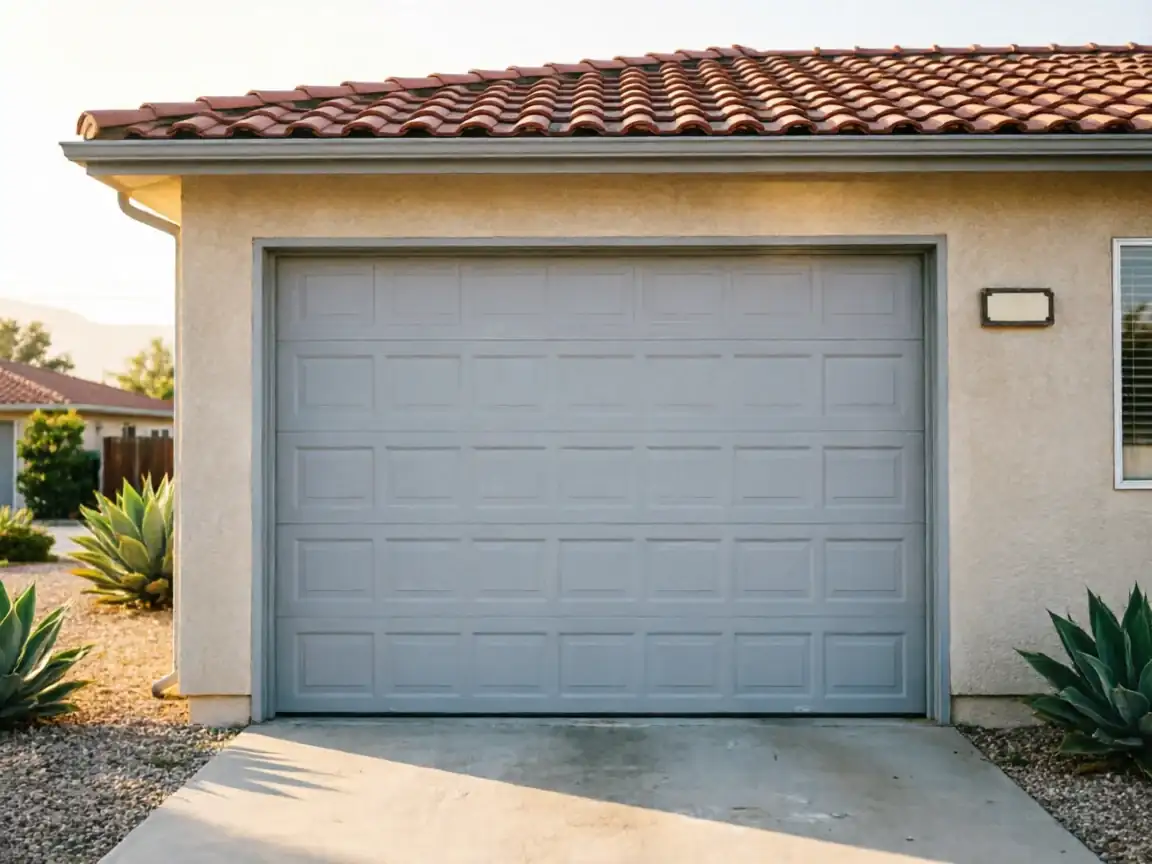 The house has a light gray garage door with square panels and a tiled roof.