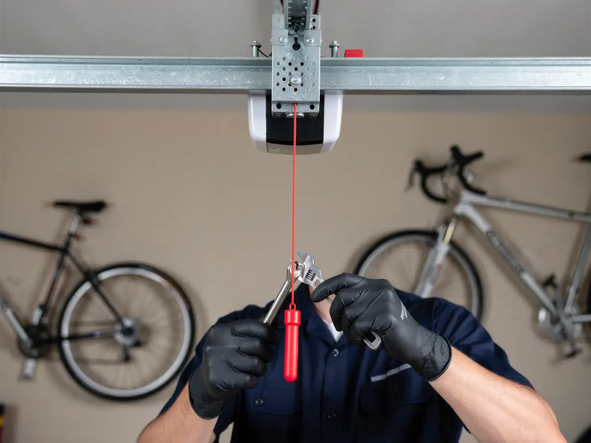 A technician in black gloves adjusts a red emergency release cord with a wrench.